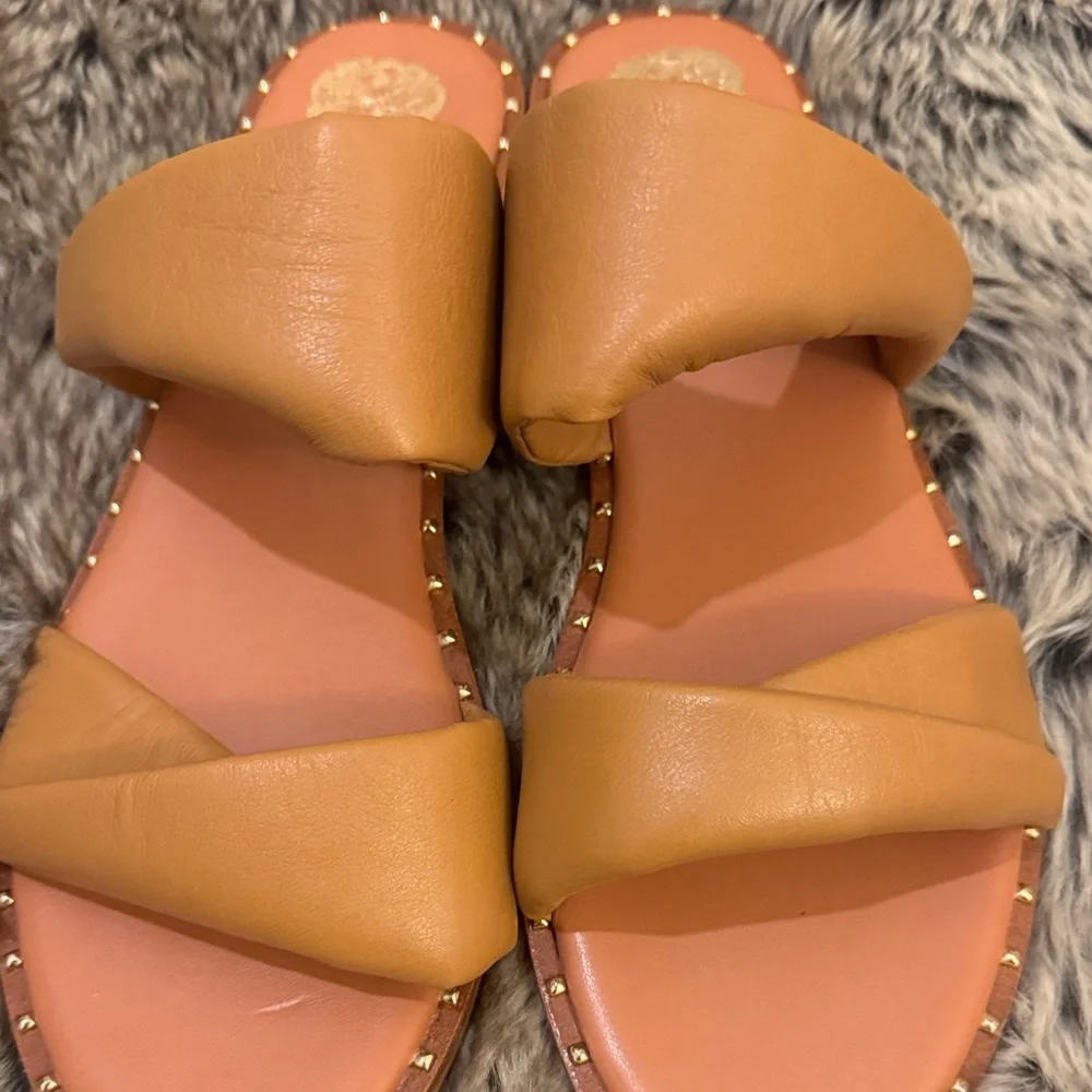 Vince Camuto Tan Leather Crossover Slide Sandals with Gold Stud Trim - Picture 3 of 6